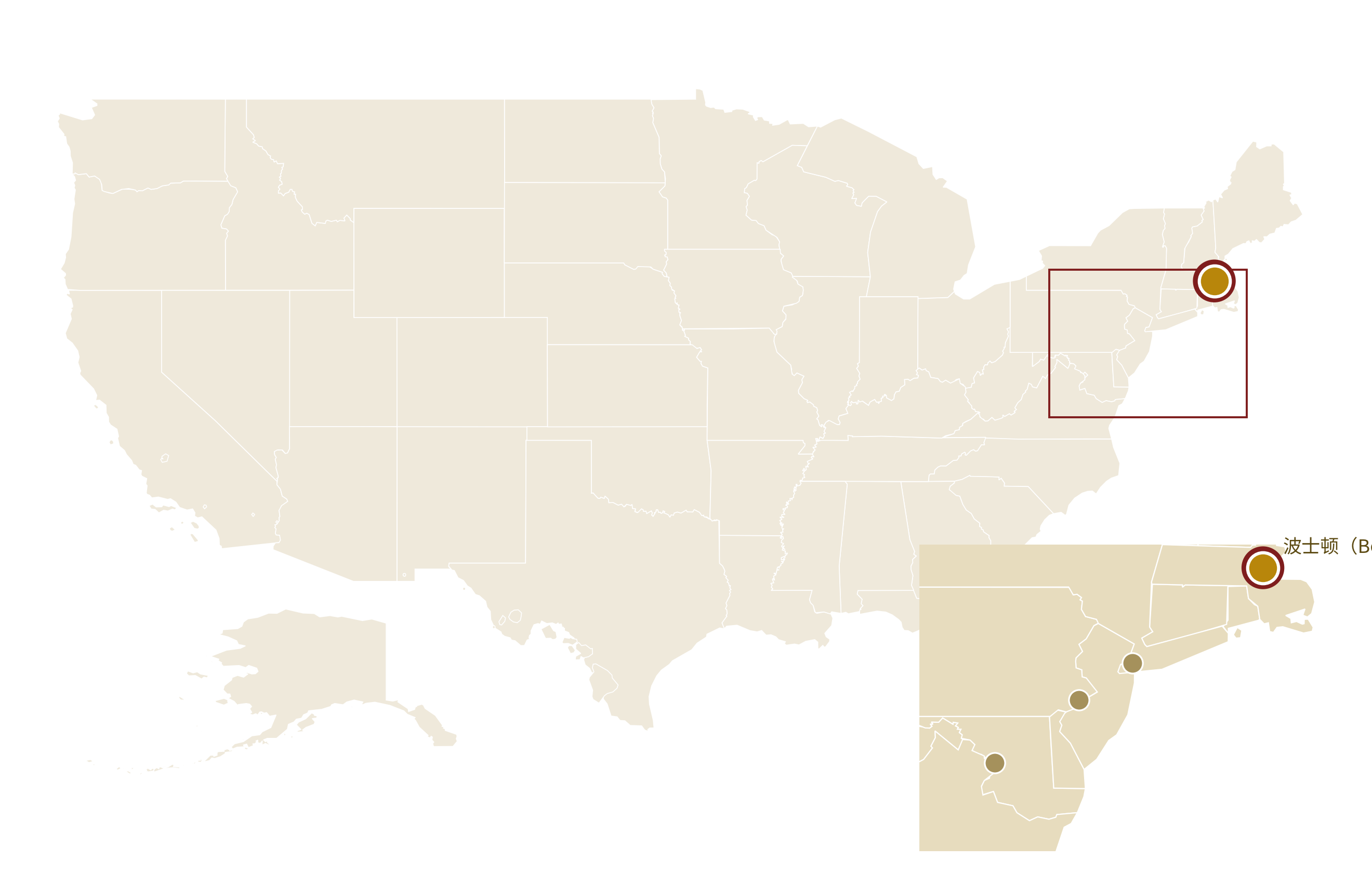 波士顿（Boston）在美国地图上的位置 · Boston highlighted on the U.S. map