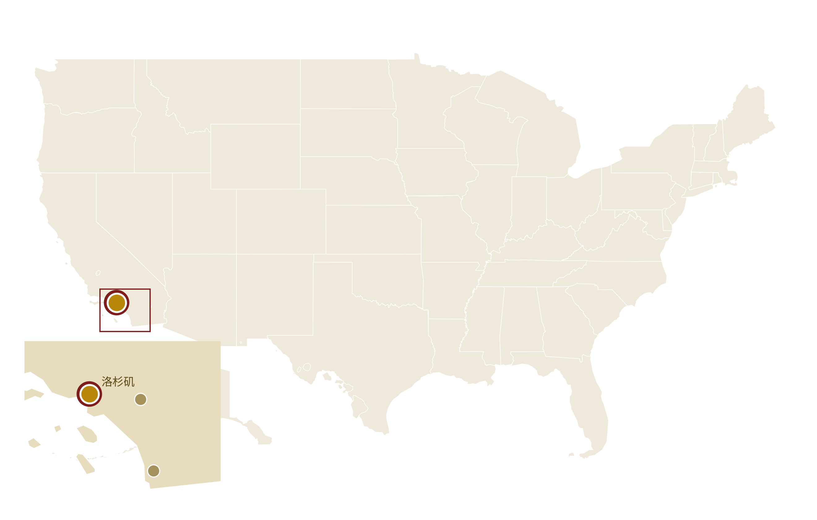 洛杉矶在美国地图上的位置 · Los Angeles highlighted on the U.S. map