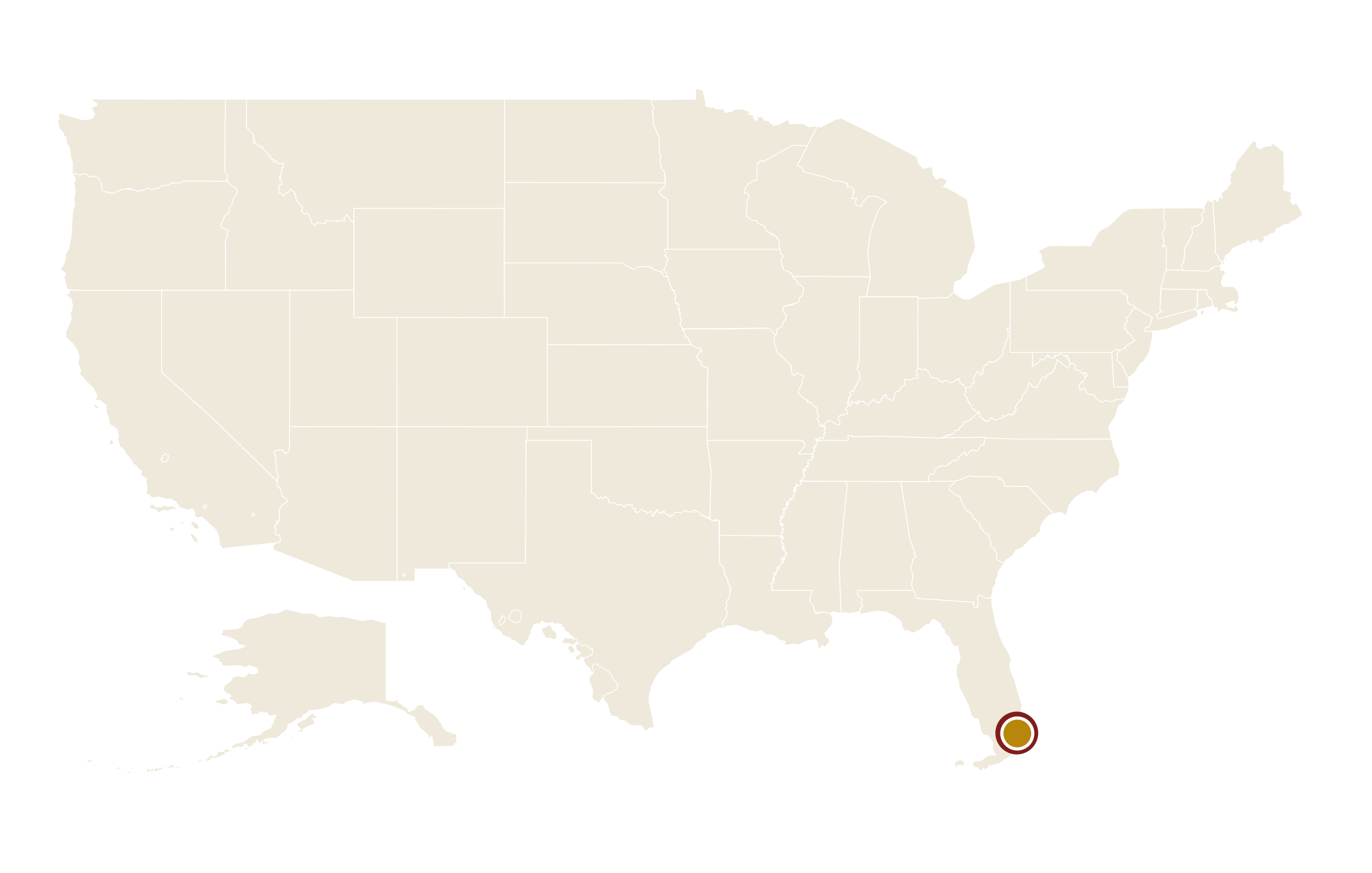 迈阿密在美国地图上的位置 · Miami highlighted on the U.S. map