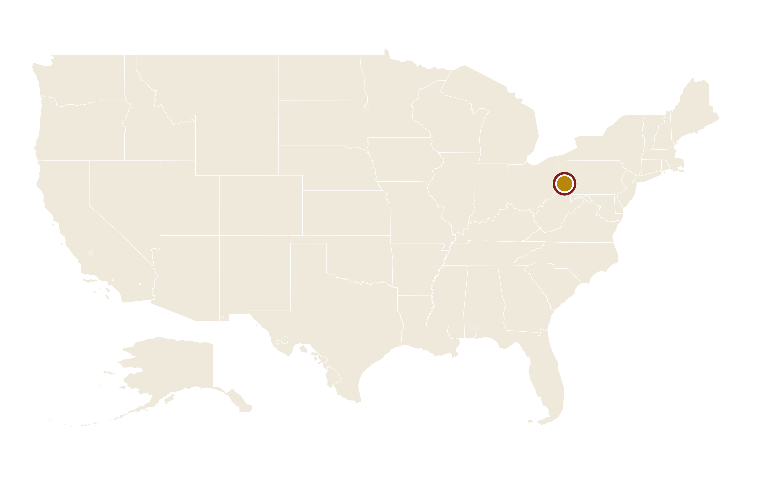 匹兹堡在美国地图上的位置 · Pittsburgh highlighted on the U.S. map