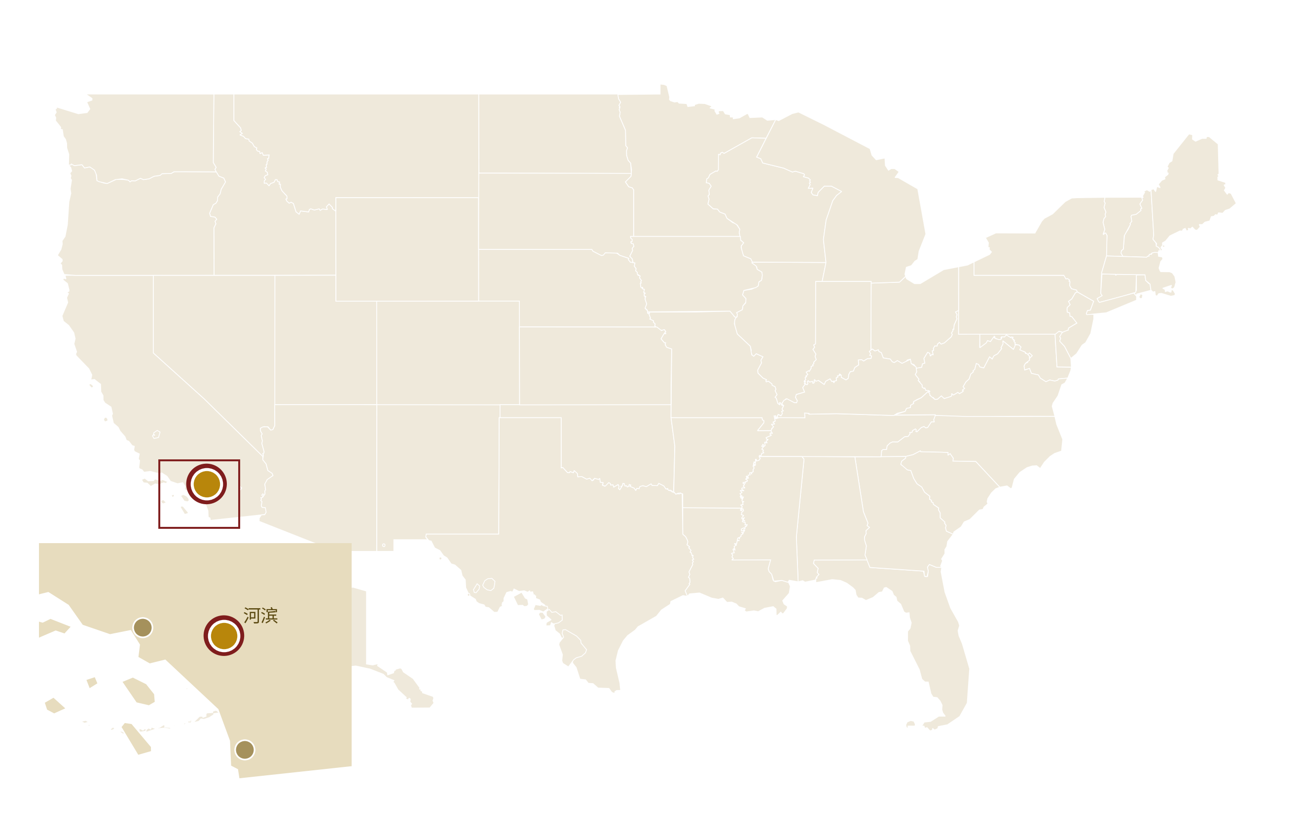 河滨在美国地图上的位置 · Riverside highlighted on the U.S. map