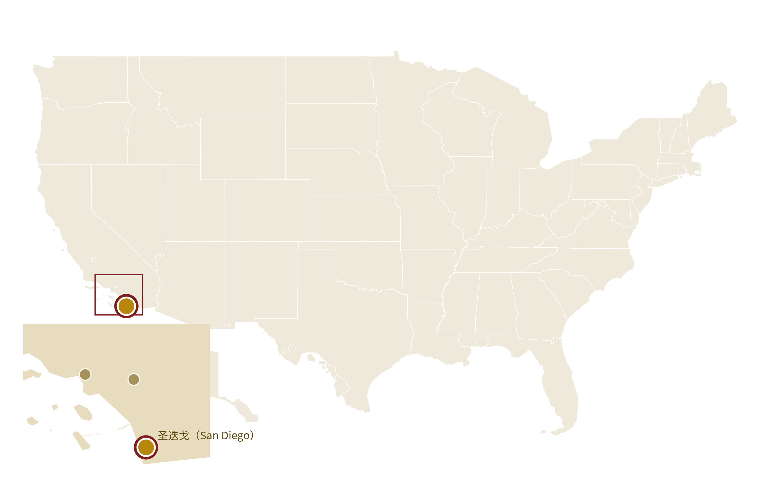 圣迭戈（San Diego）在美国地图上的位置 · San Diego highlighted on the U.S. map