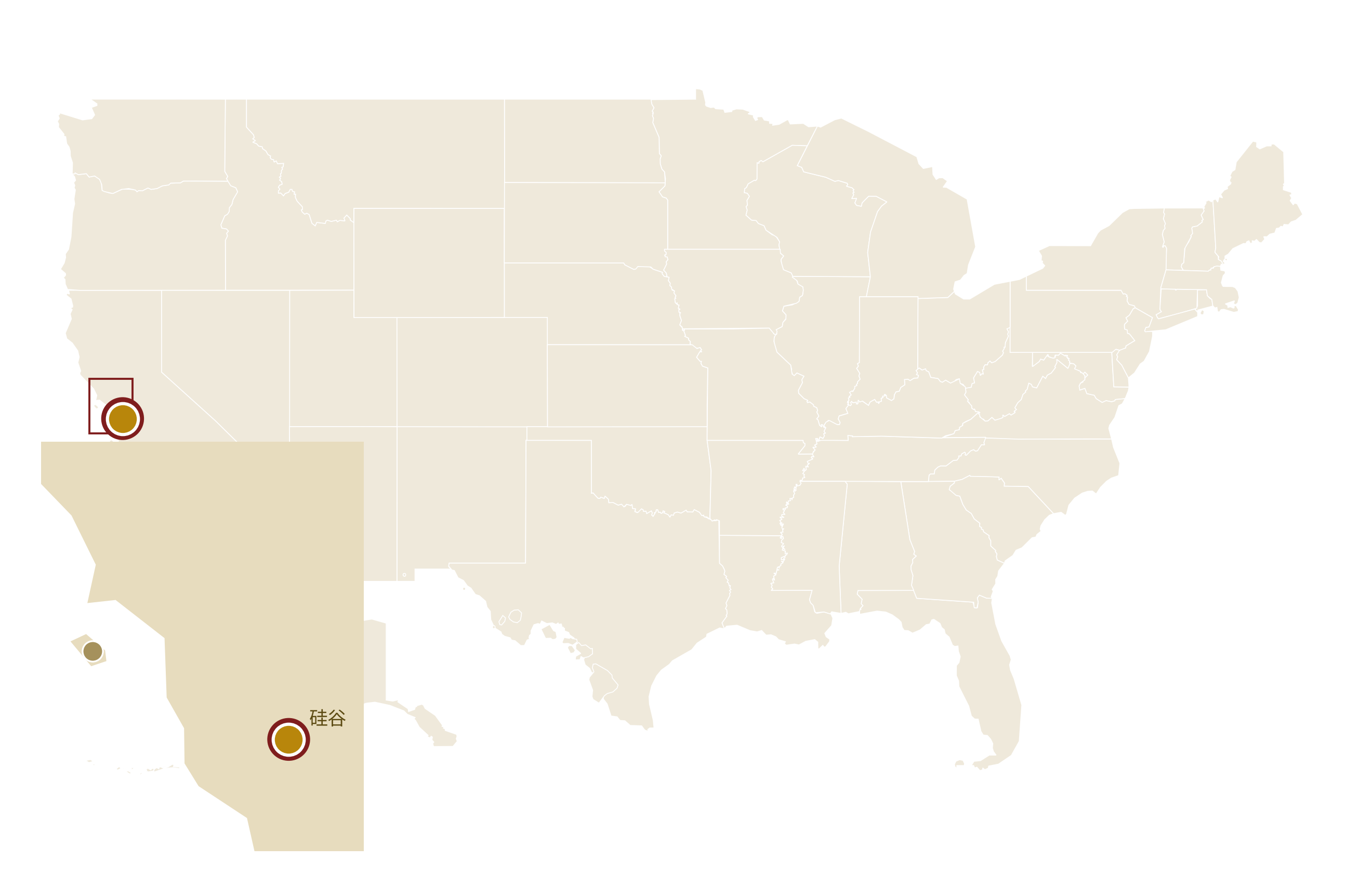 硅谷在美国地图上的位置 · Silicon Valley highlighted on the U.S. map